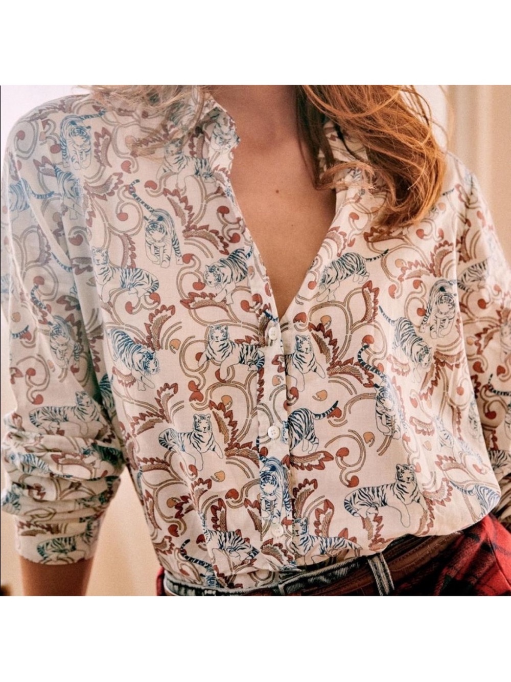 Sezane New Rare Chemise Pierro Imprime Cotton Tiger Tigre Shirt Size 42 / 10 US